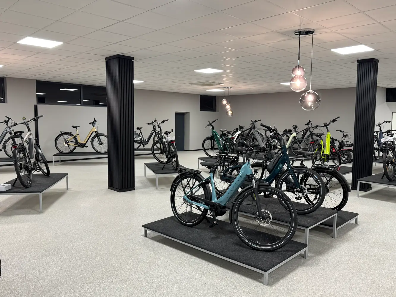 Mehrere E-Bikes stehen modern präsentiert auf Podesten in einem hellen Ausstellungsraum