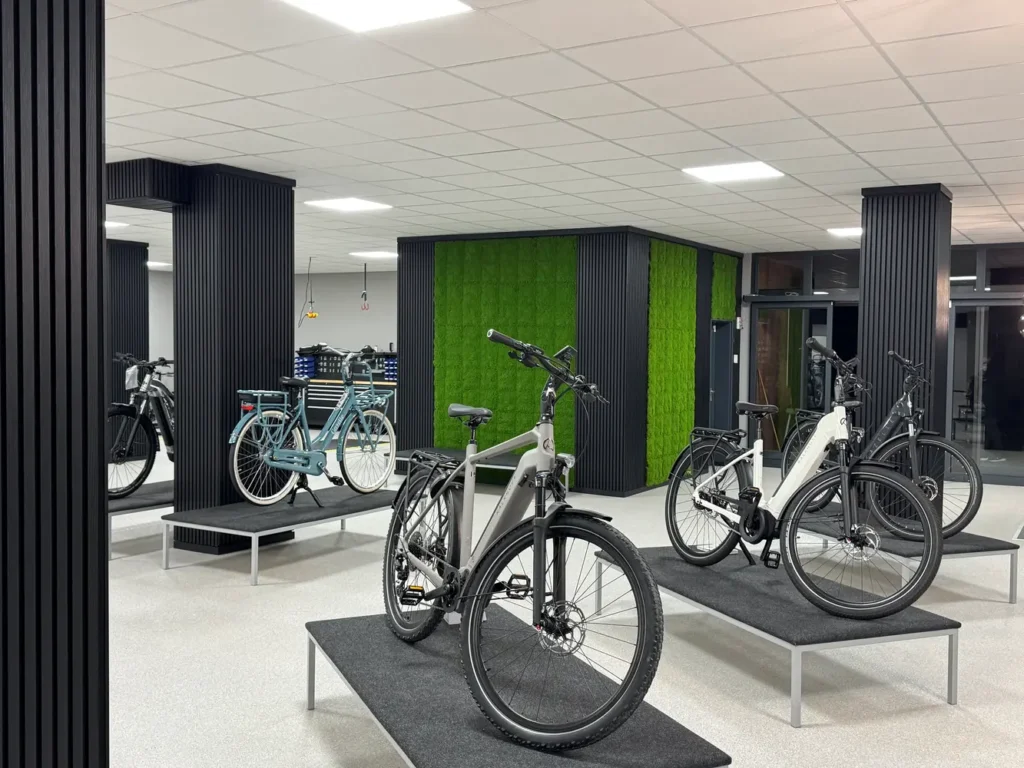 Mehrere moderne E-Bikes stehen in einem hellen Ausstellungsraum mit grünen Wandelementen